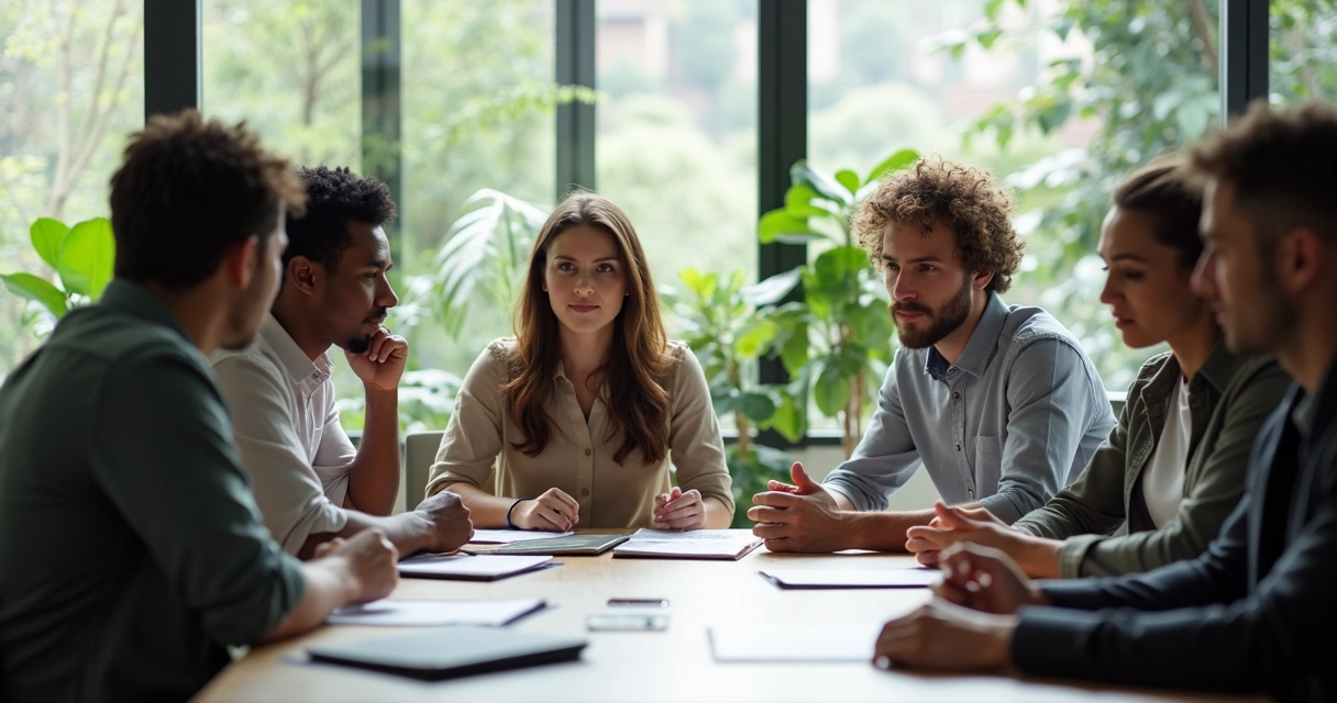 Líder em reunião de trabalho com equipe atenta 