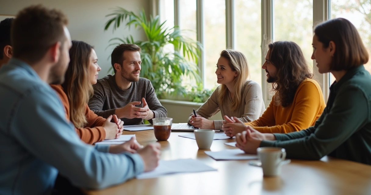 Grupo diverso em reunião focada em liderança consciente. 