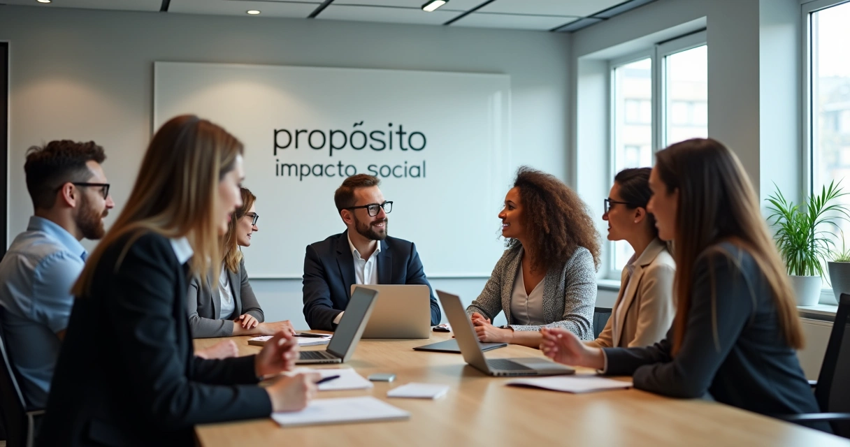 Líder em reunião com equipe discutindo propósito e projetos sociais 