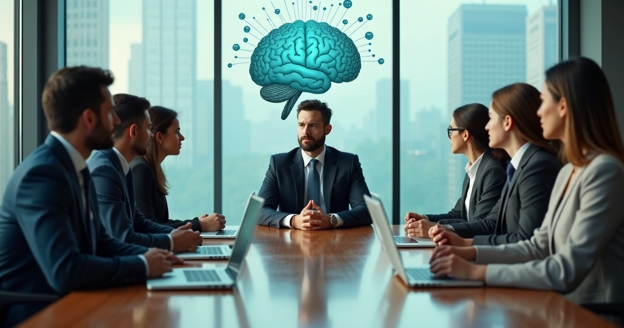 Líder em reunião estratégica com equipe em ambiente corporativo calmo 