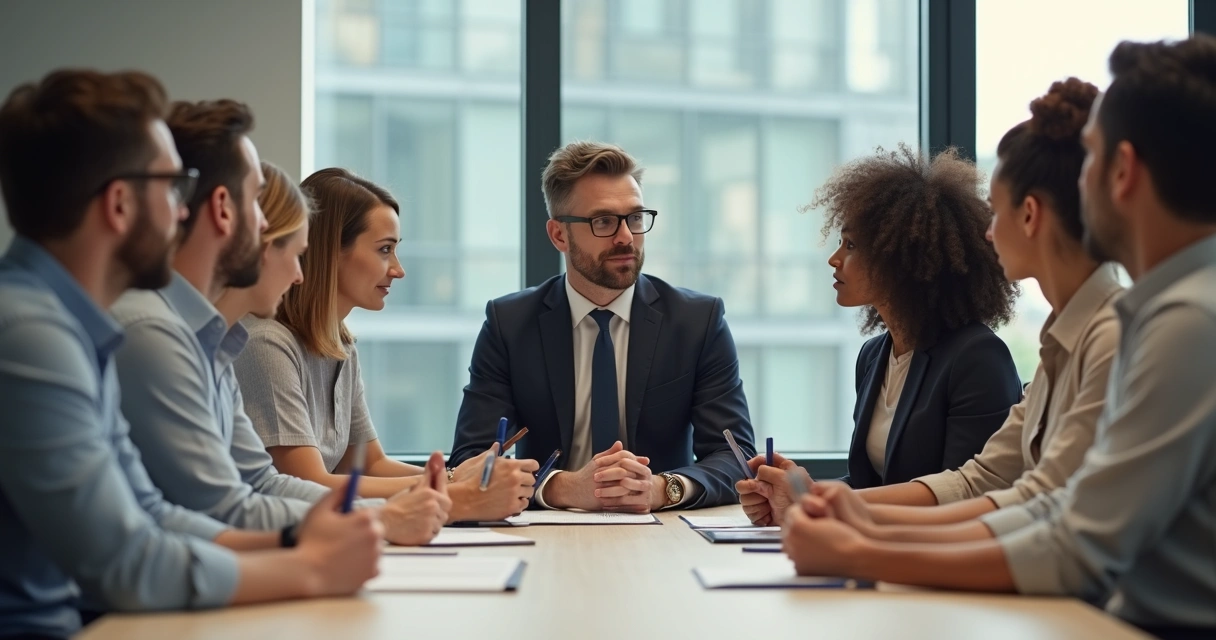 Líder conduzindo reunião, equipe atenta ao redor da mesa