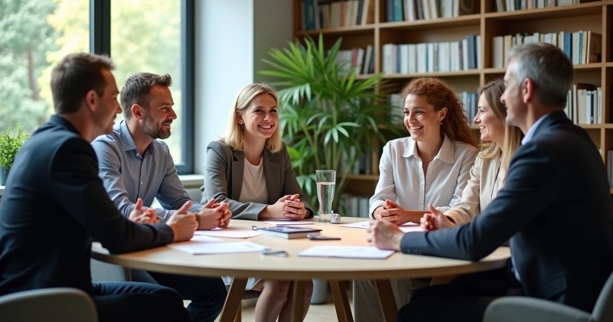 Grupo em reunião corporativa com clima acolhedor e expressões de escuta ativa 