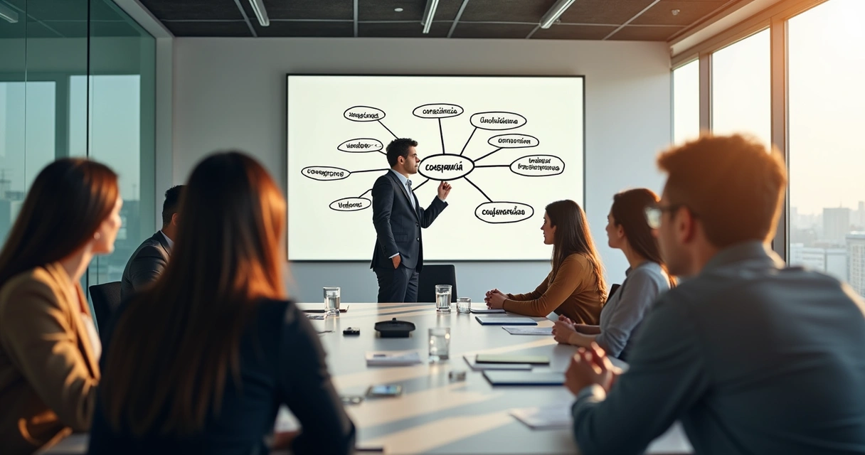 Equipe em reunião mostrando expressão de escuta e reflexão 