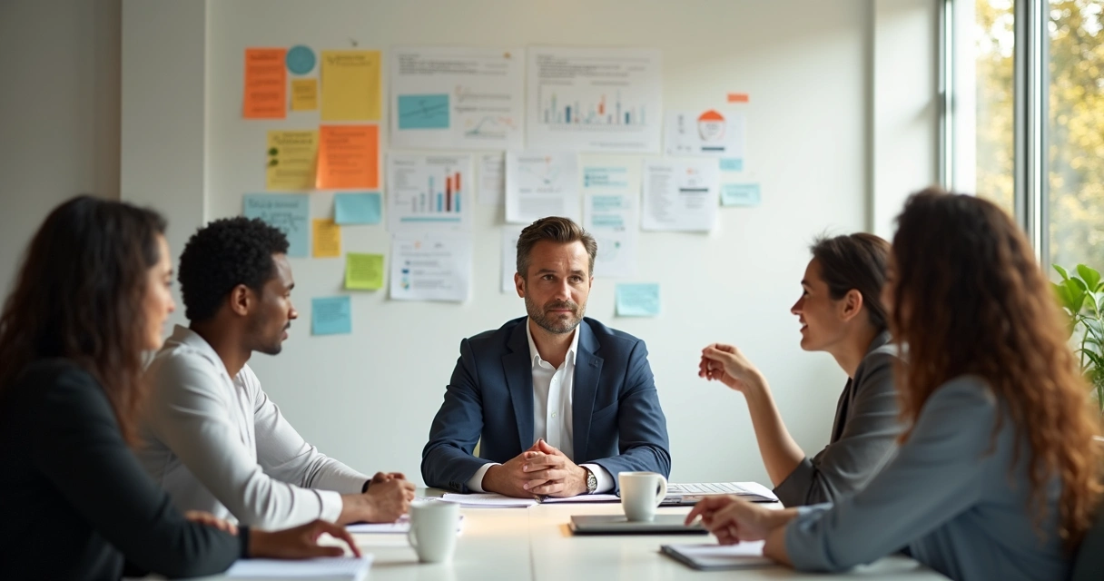 Gestor em reunião com equipe em escritório iluminado 