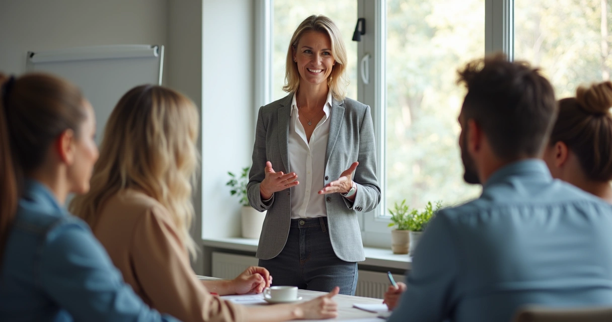 Líder fala ativamente com equipe em reunião, promovendo integração