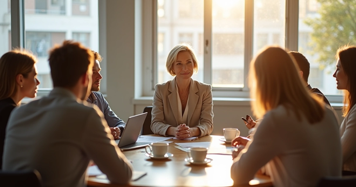 Reunião de equipe em mesa redonda, líder escutando seus colegas ao redor 