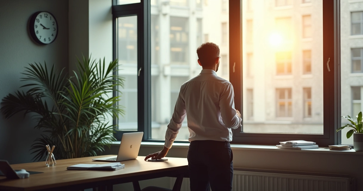 Líder de startup refletindo em escritório moderno, luz suave e ambiente inspirador 