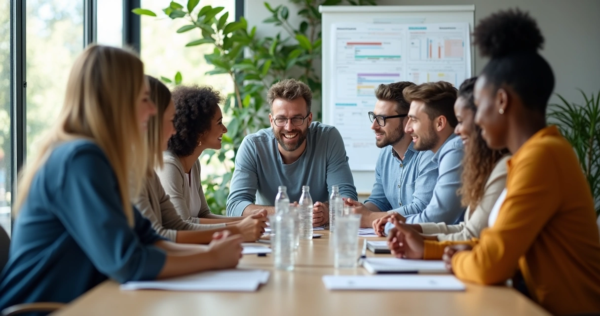 Equipe diversa reunida em sala de reunião moderna 