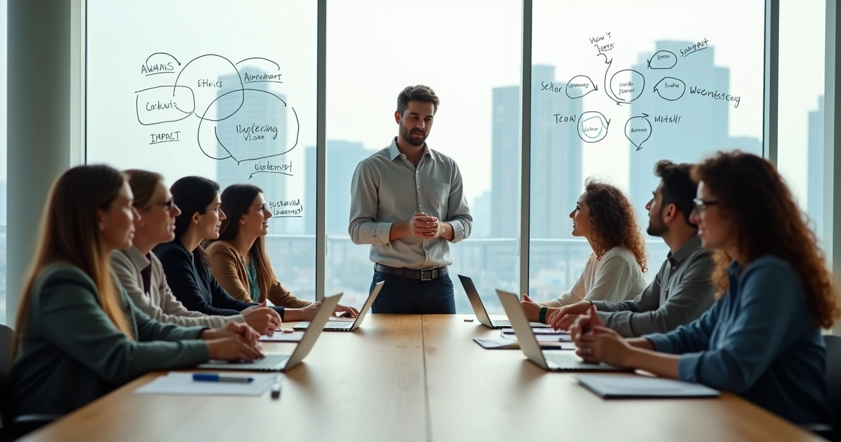 Grupo de líderes em treinamento participando de dinâmica guiada por facilitador 