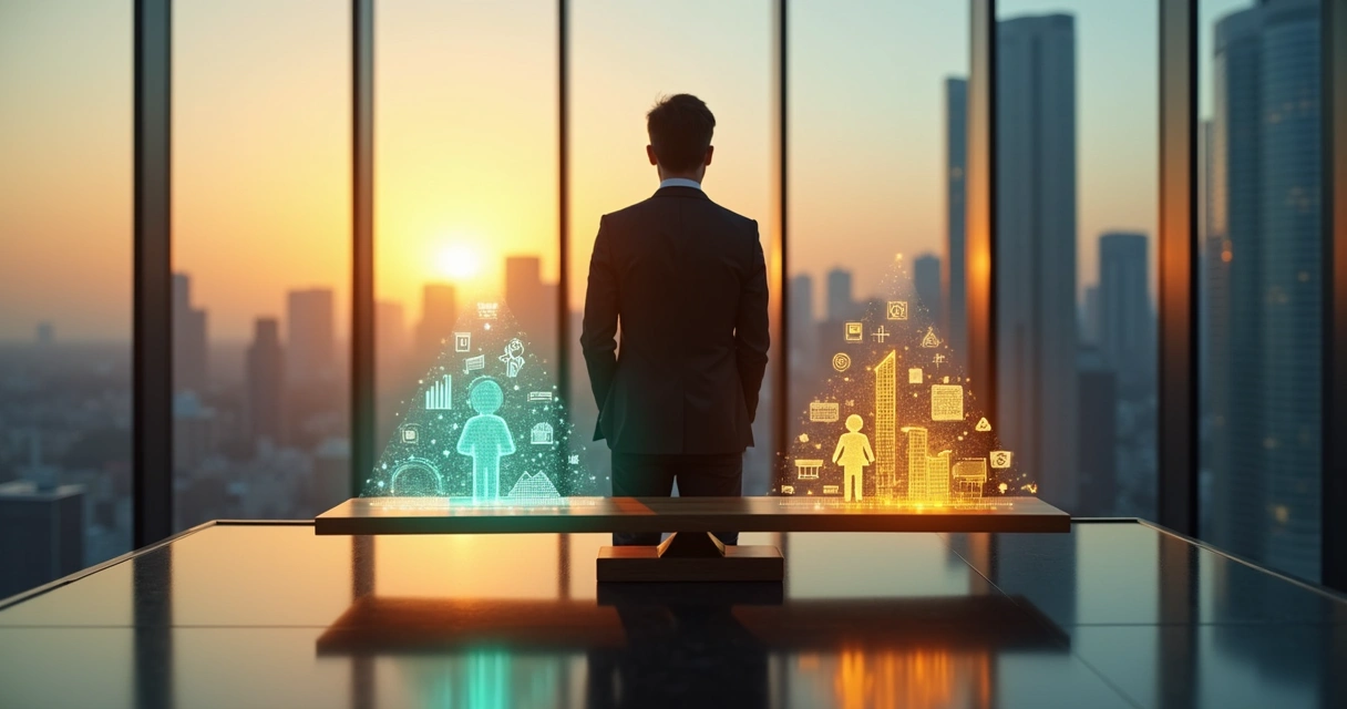 Executivo observando balança com pessoas e dinheiro em equilíbrio 