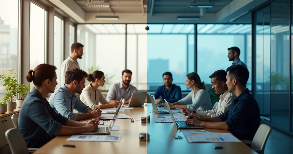 Comparação visual entre líder consciente e líder transacional em ambiente corporativo 