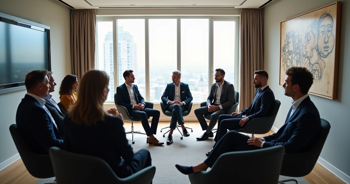 Líderes em círculo, dialogando em uma sala de reuniões contemporânea 