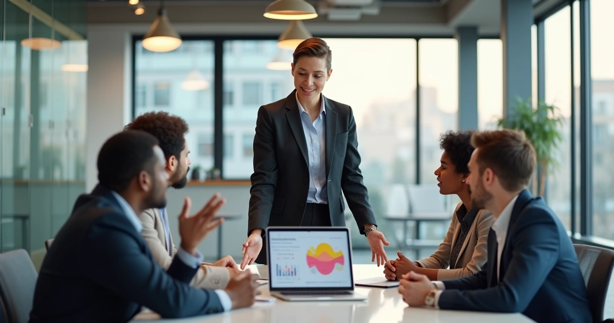 Líder conversando com equipe mostrando gráficos coloridos em notebook 