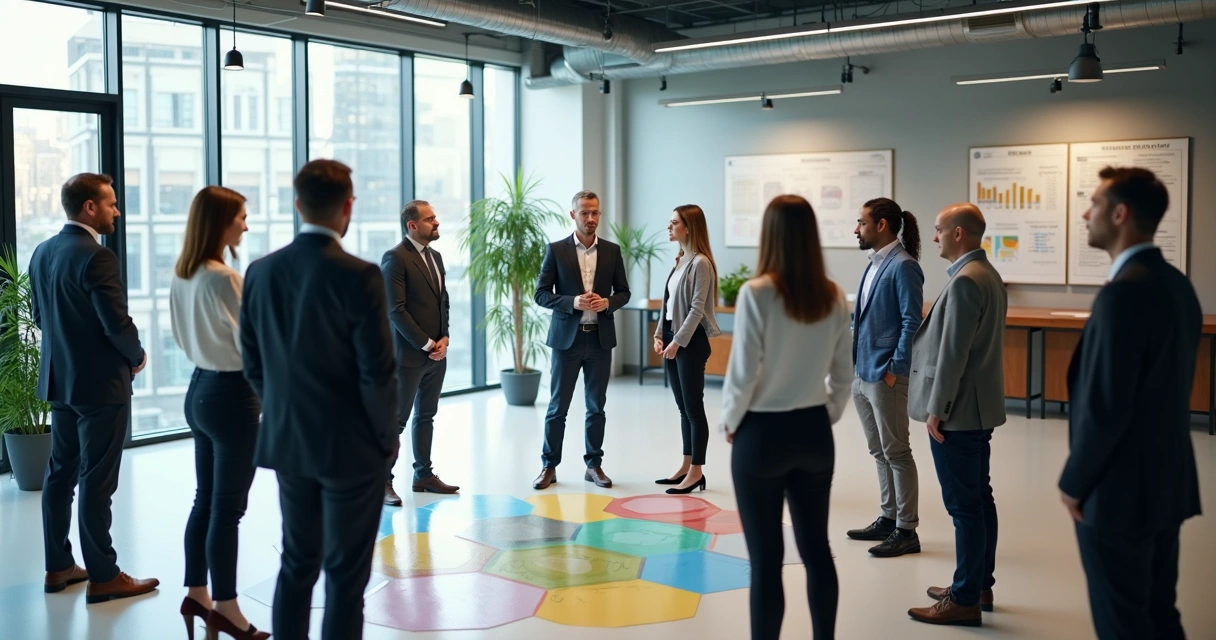 Grupo de colaboradores representando setores diferentes em dinâmica circular 