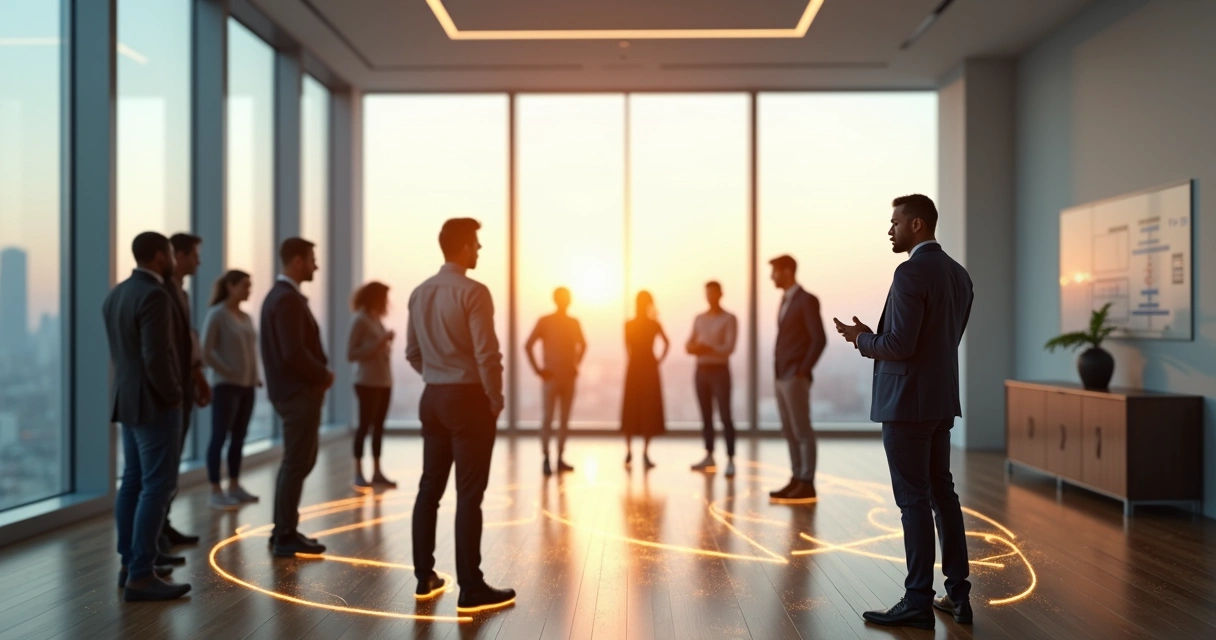 Líder observando grupo em círculo com conexões sistêmicas iluminadas 