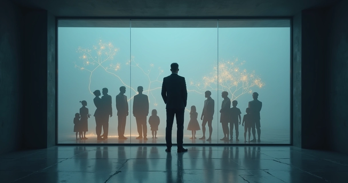 Líder em sala escura observando silhuas de gerações conectadas por linhas de luz 