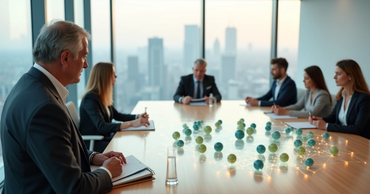 Líder em sala de reunião observando maquete circular que representa diferentes sistemas organizacionais interligados 