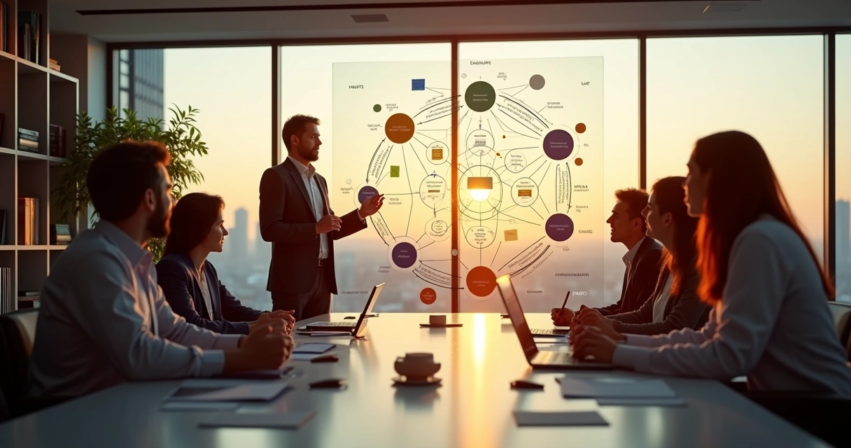 Líder em reunião observando esquema de constelação sistêmica em ambiente corporativo moderno 