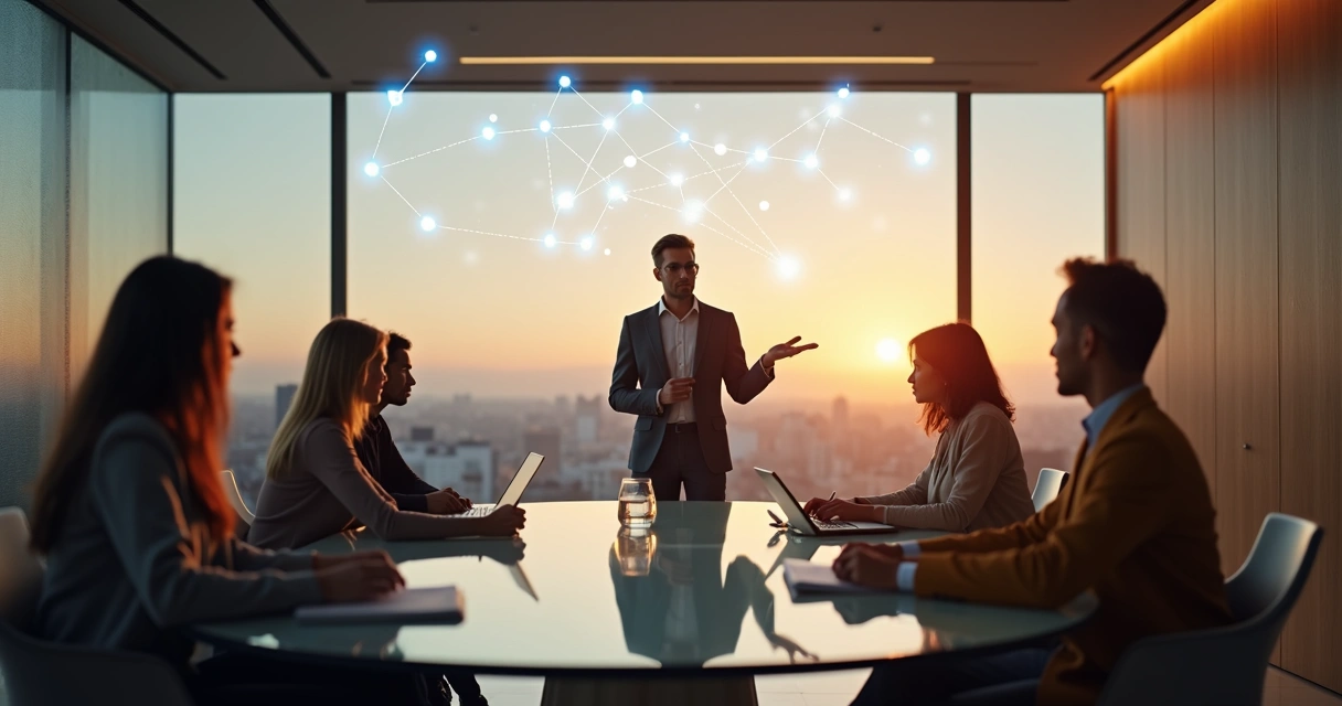 Líder em reunião guiando equipe em redor de diagrama sistêmico luminoso 