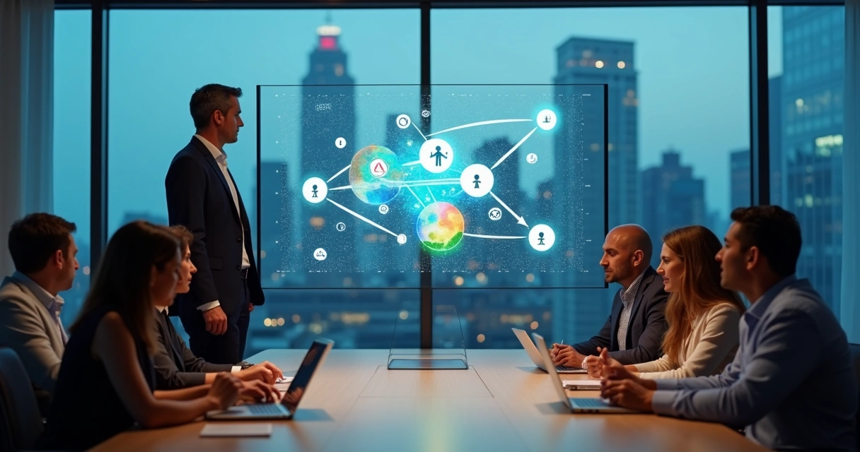 Líder empresarial observando mapa sistêmico com equipe em sala de reunião moderna 