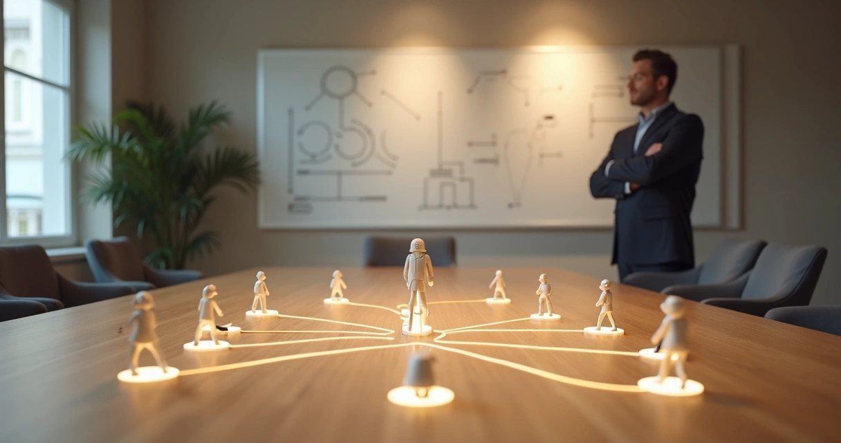 Líder observando representação visual de constelação sistêmica com conexões ocultas 