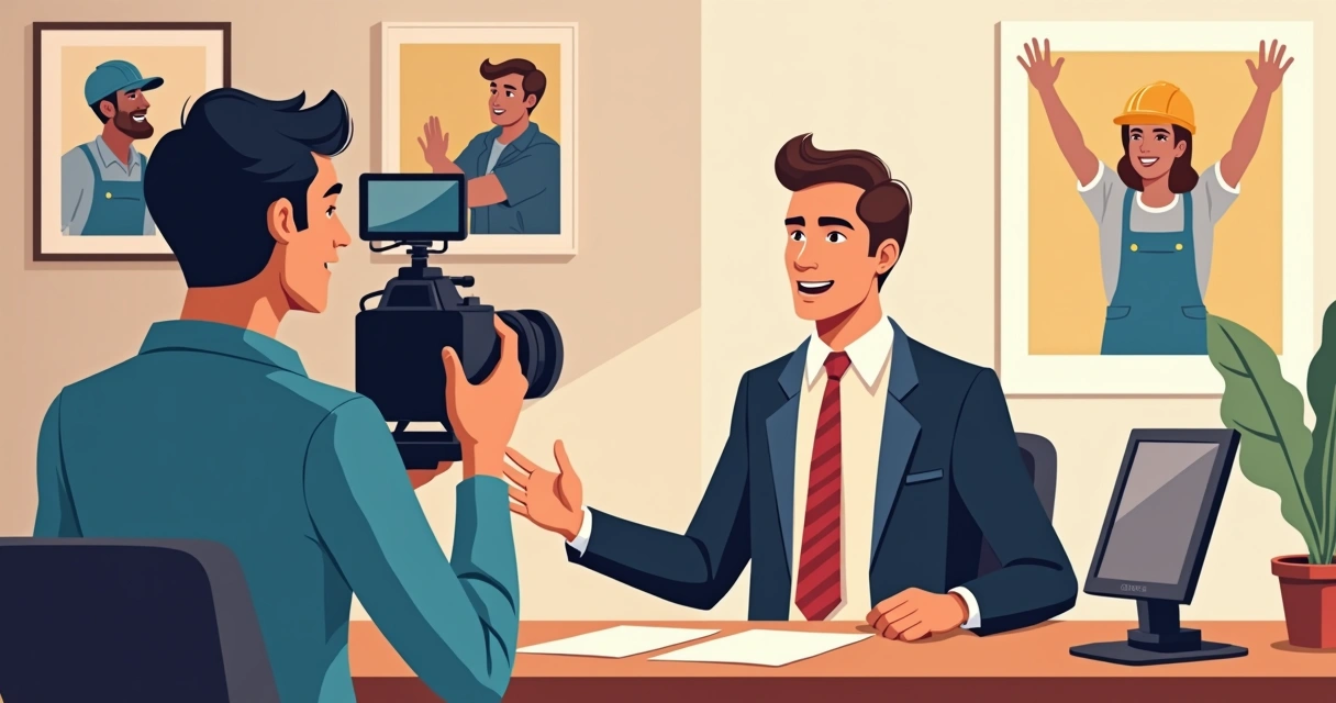 Líder sindical contando história pessoal em vídeo digital 