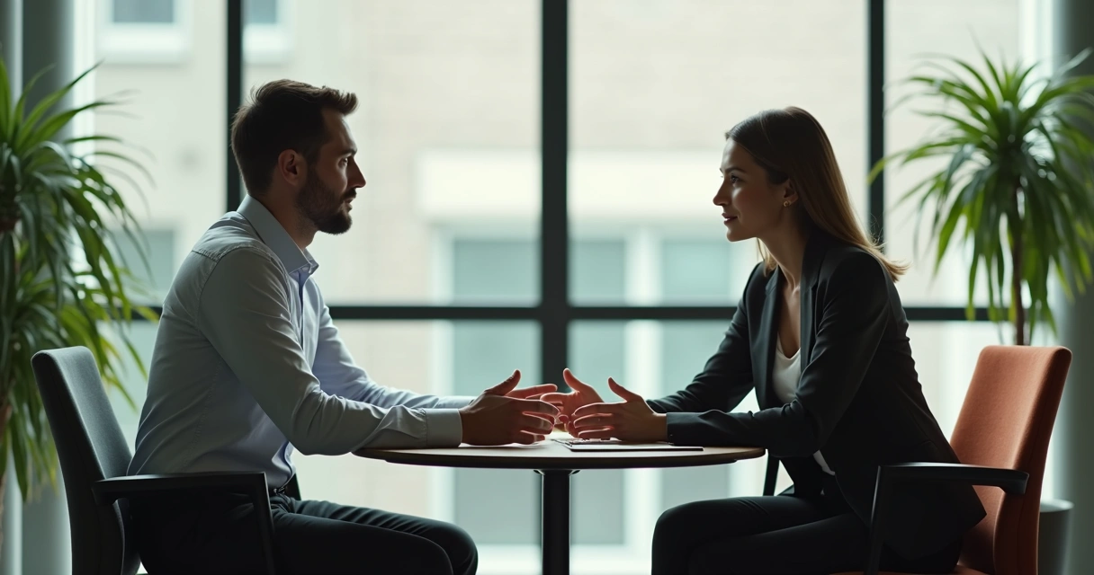 Liderança conversando com colaborador em ambiente corporativo