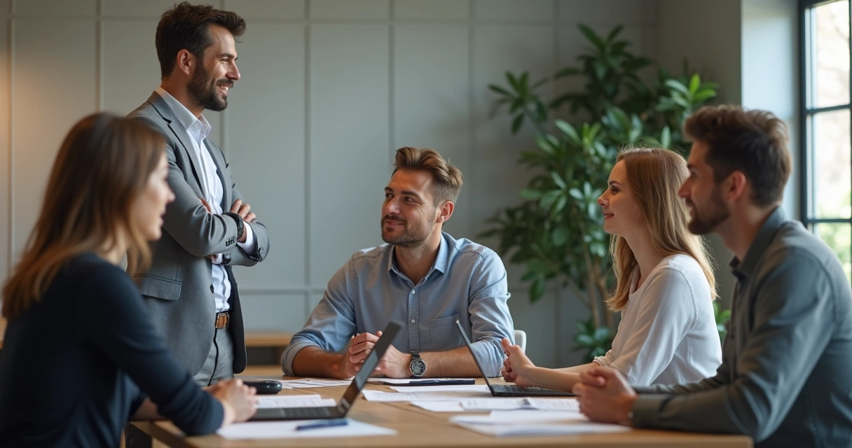 Líder conversando com equipe em ambiente de trabalho