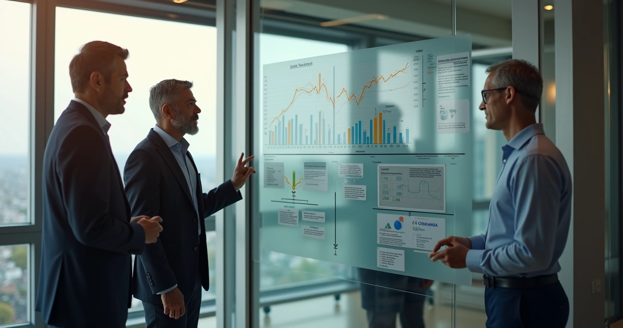 Lideranças em conversa estratégica com gráficos ao fundo