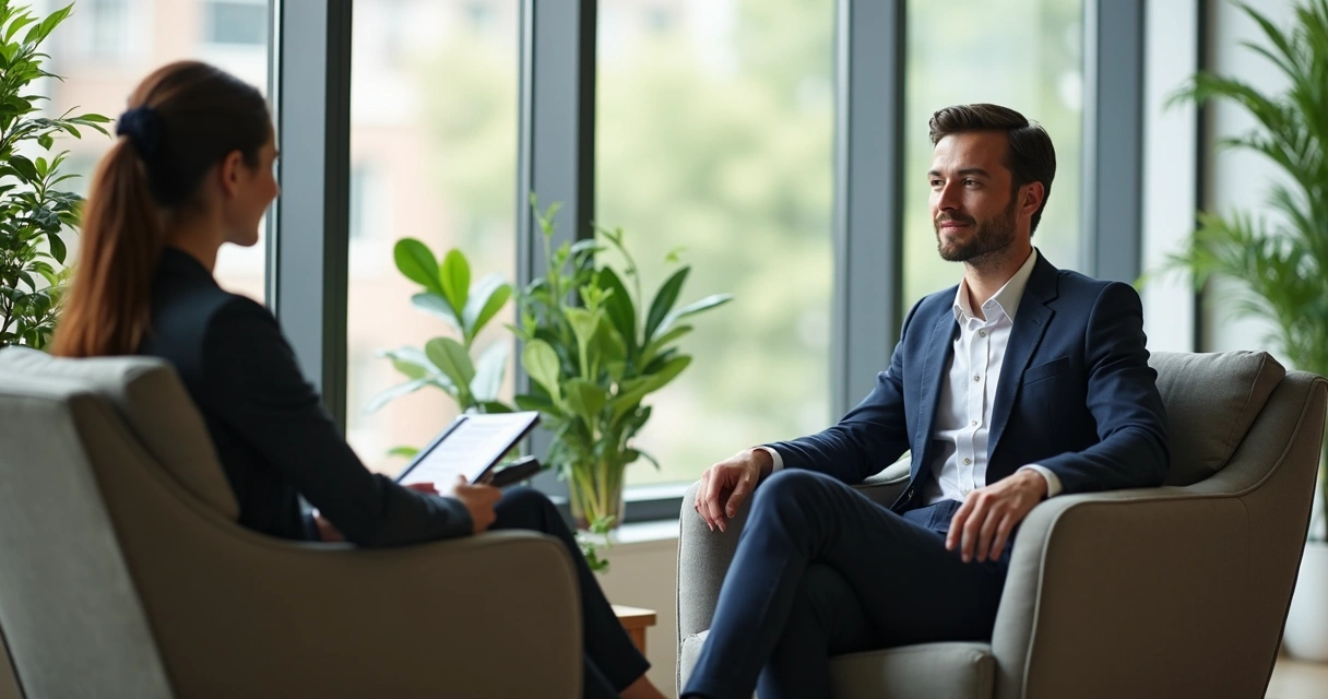Liderança conversando com colaborador em ambiente profissional