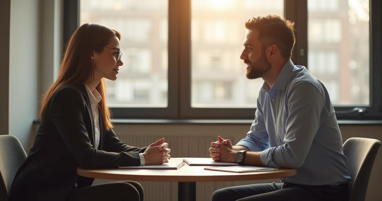 Liderança em conversa respeitosa com colaborador no escritório