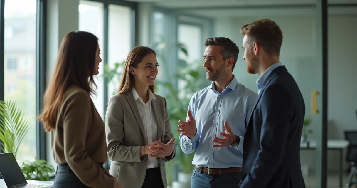 Líder conversando com equipe de forma transparente em ambiente de trabalho 