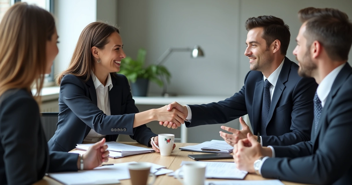 Duas pessoas apertando as mãos em sinal de acordo durante reunião de trabalho