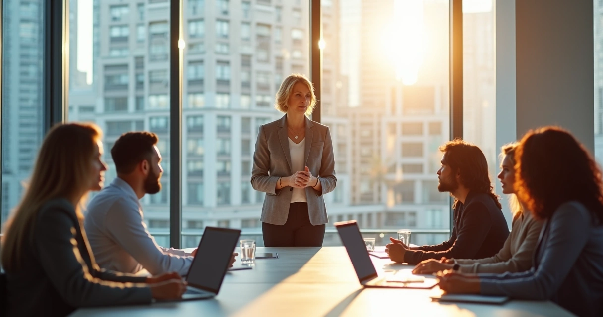 Líder conversando com equipe em sala de reunião corporativa. 
