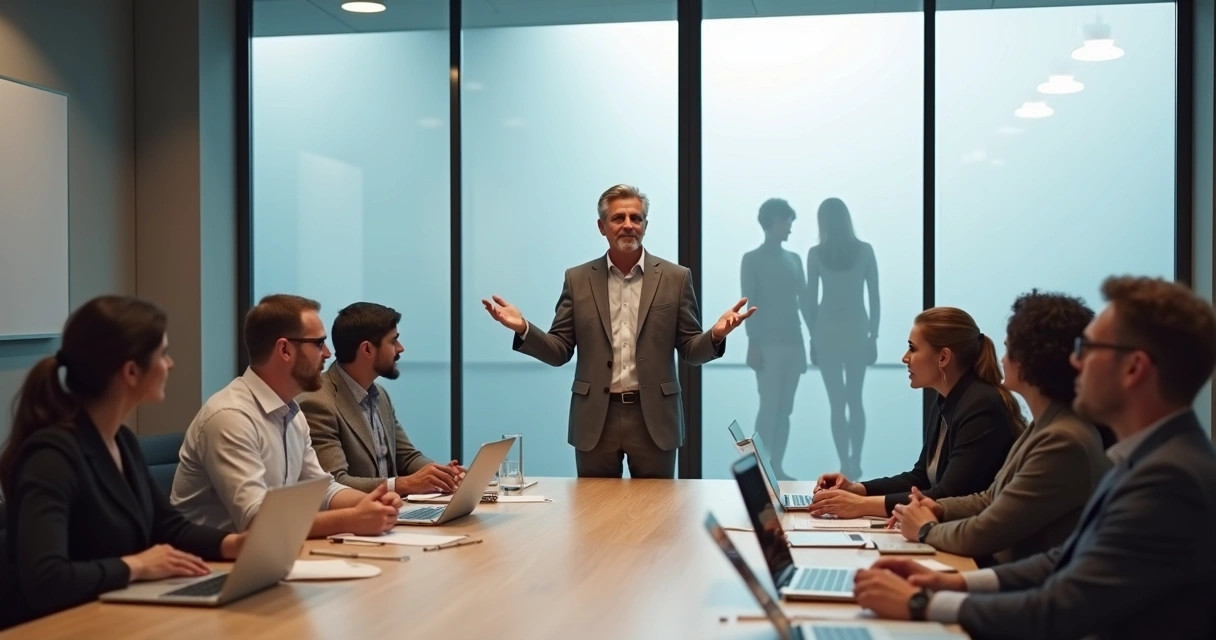 Líder em reunião de equipe com sombras sutis de uma família ao fundo 