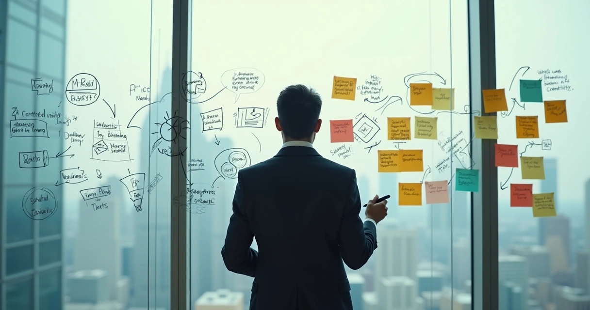 Líder refletindo diante de quadro com crenças herdadas e novas ideias 