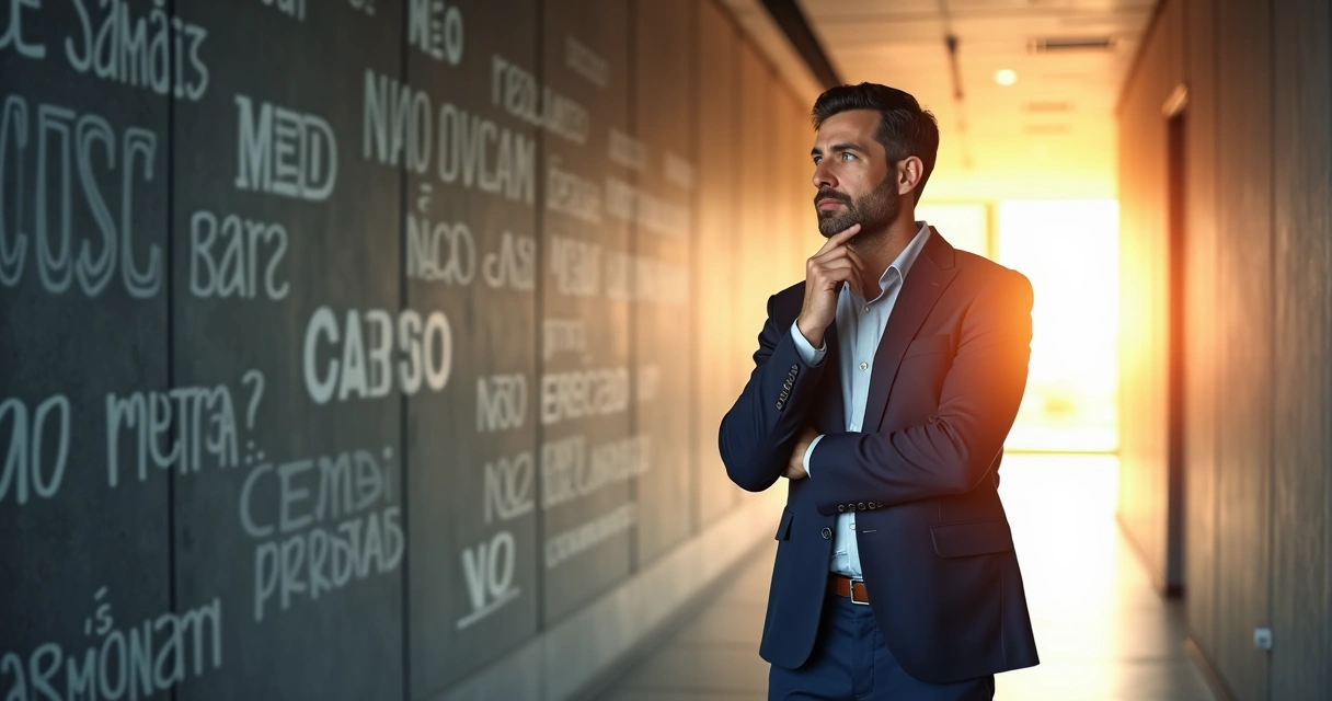 Líder diante de porta aberta e parede de palavras negativas ao fundo 