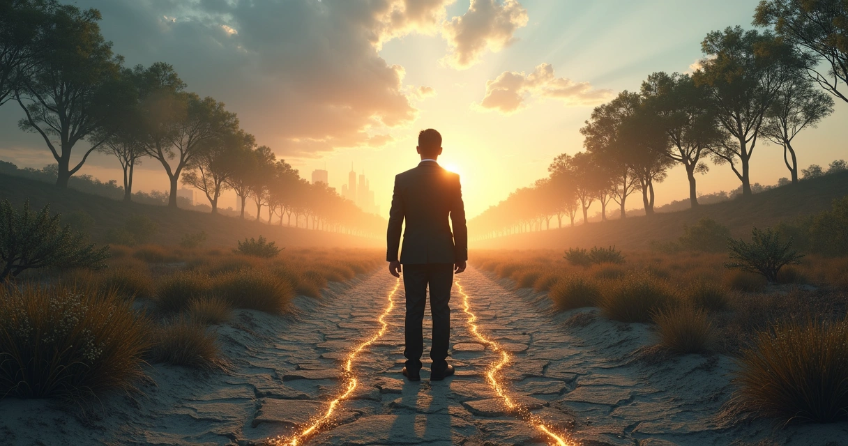 Líder diante de dois caminhos, preso por correntes invisíveis de palavras negativas 