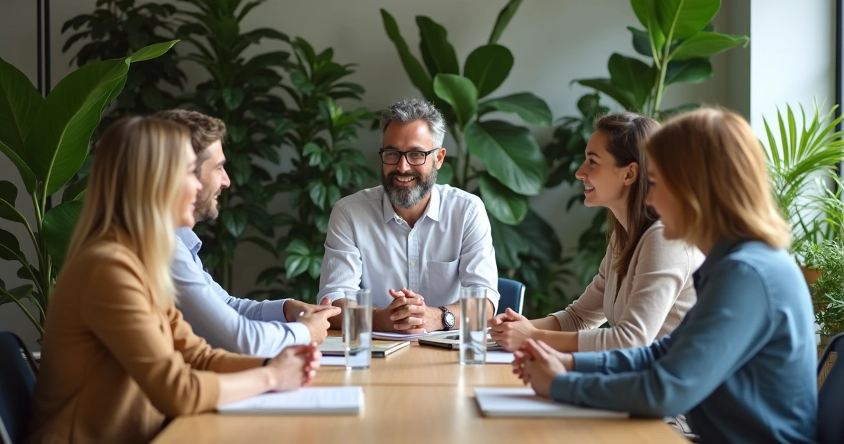 Liderança reunida com equipe em conversa de cuidado no trabalho 