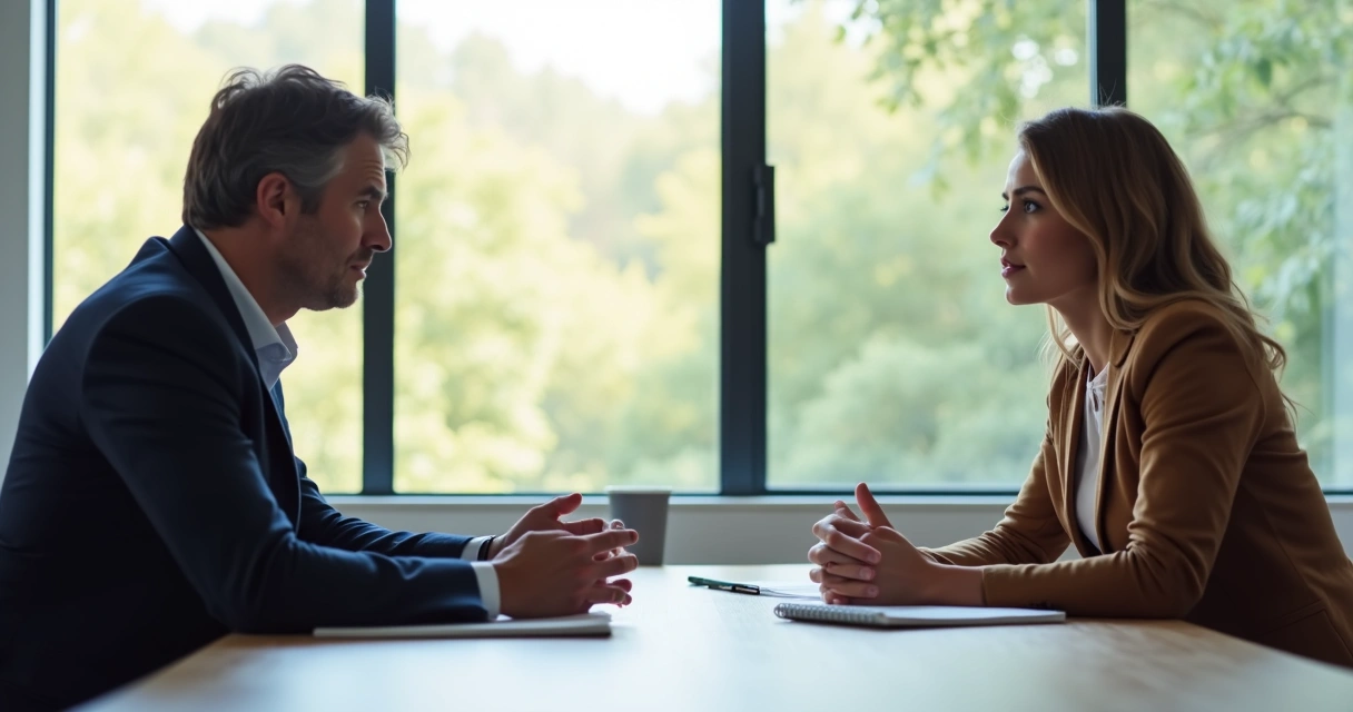 Duas pessoas em uma sala de reunião, uma delas demonstra preocupação, enquanto a outra ouve de forma empática.