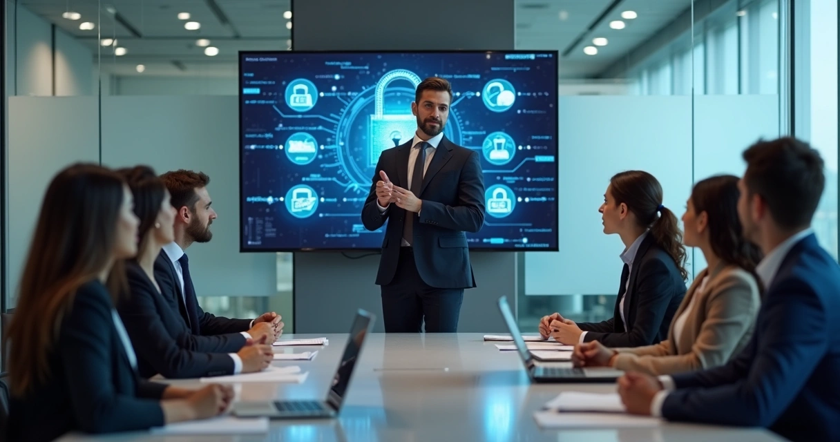 Gestor de equipe orientando reunião sobre segurança digital 