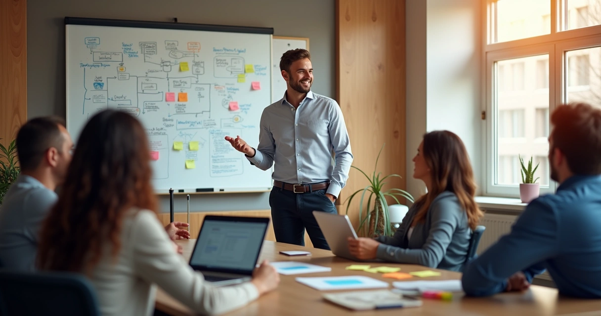 Líder orientando equipe em reunião empresarial 