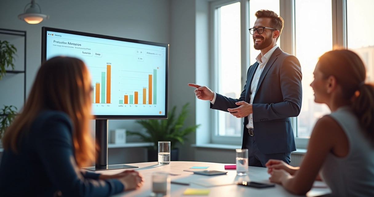 Gestor orientando equipe com gráficos na tela 