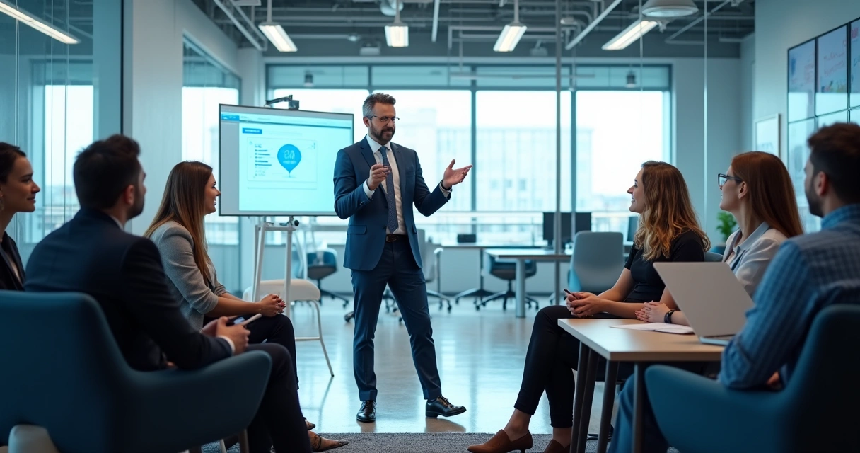 Líder inspirando equipe em ambiente empresarial moderno e inovador 