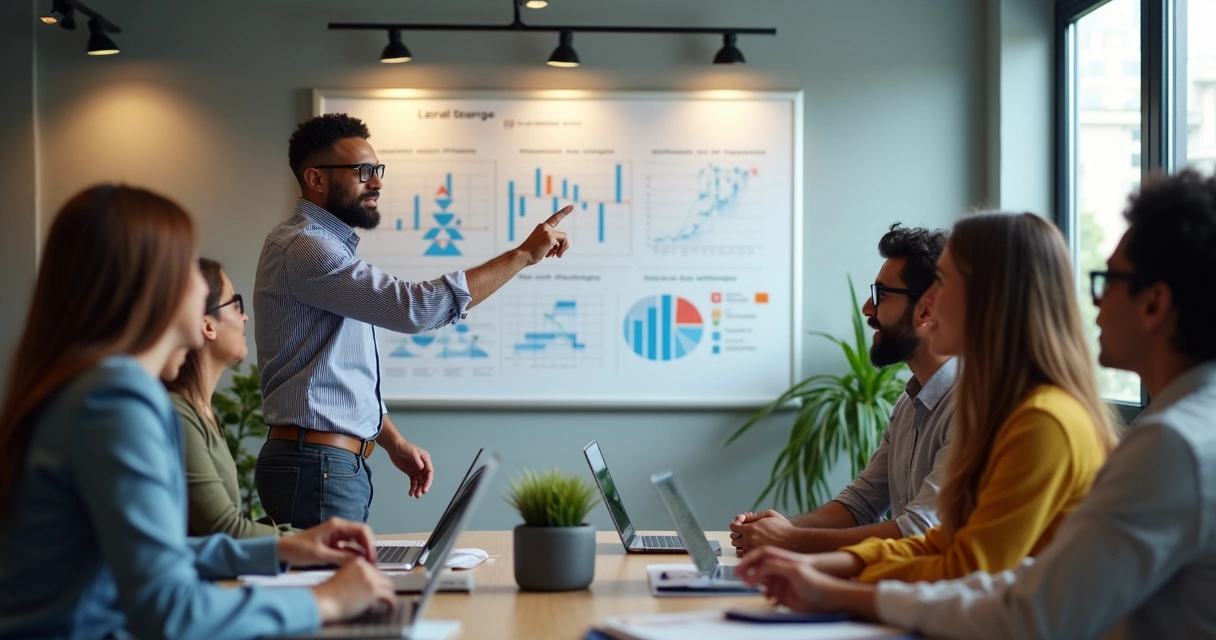 Líder conversa com equipe observando quadro de metas na parede 