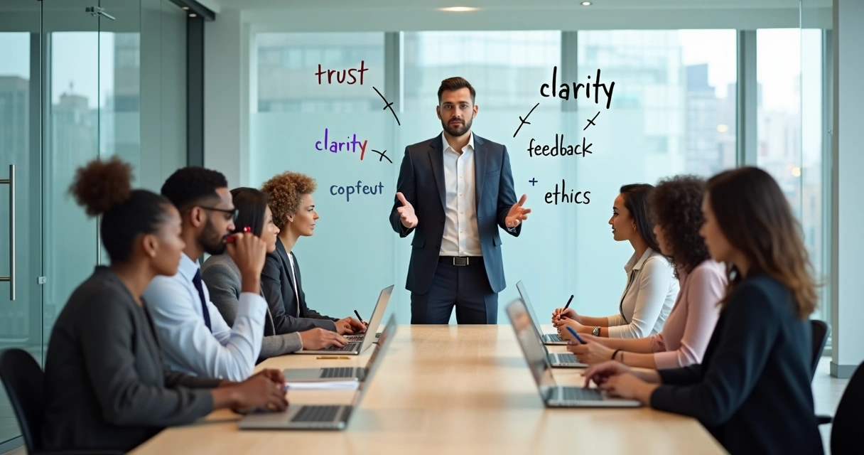 Reunião de equipe em escritório moderno com líder facilitando diálogo aberto 