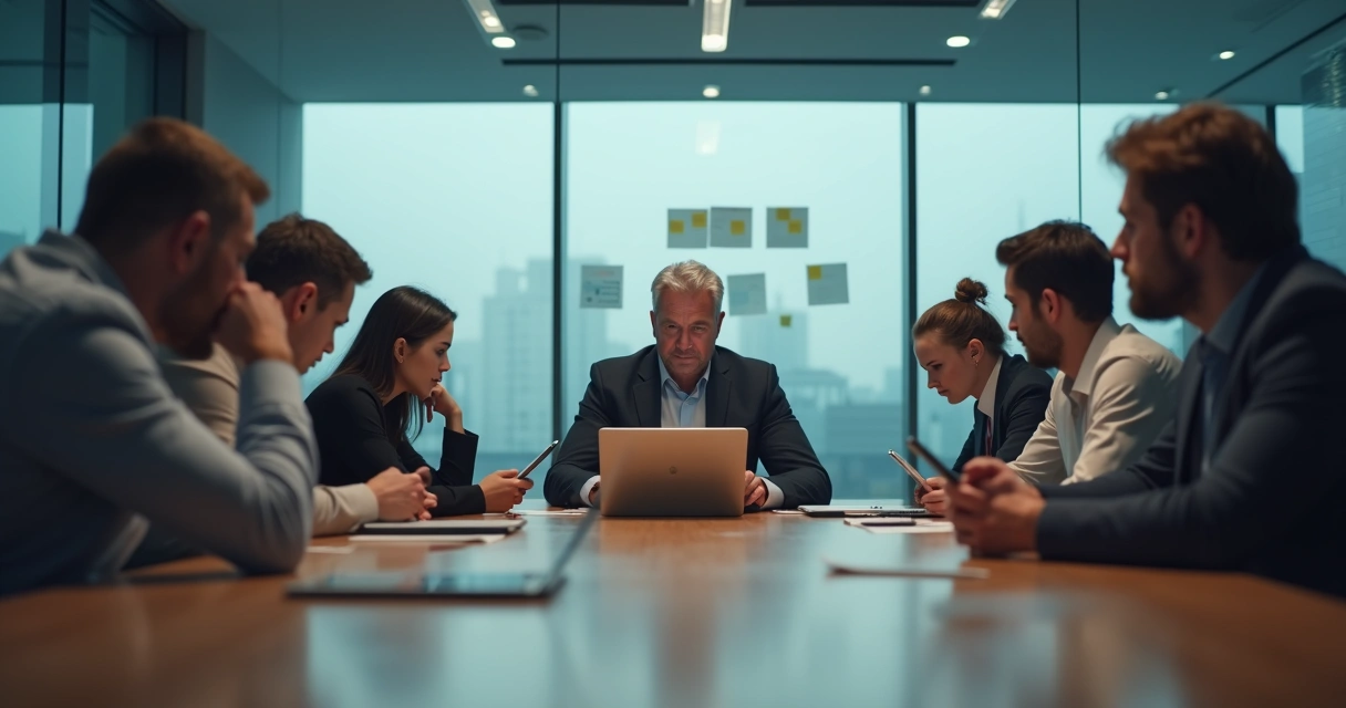 Gestor isolado em sala de reunião com equipe dividida e clima tenso 
