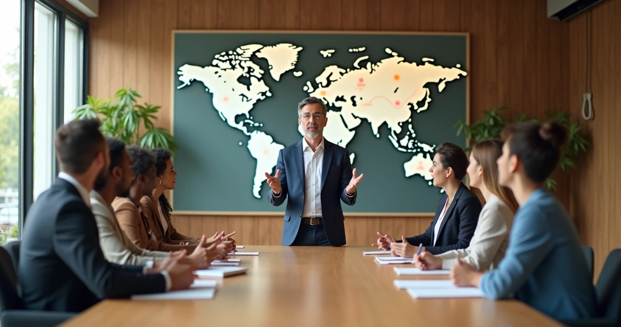 Líder em reunião com equipe diversa em escritório moderno 