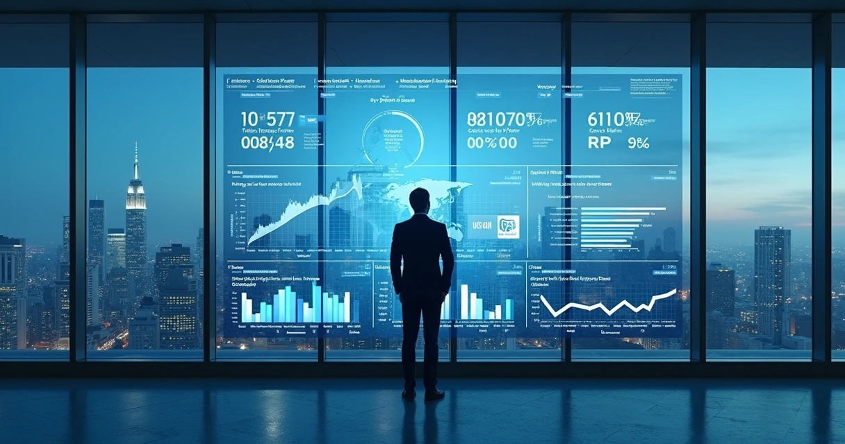 Executivo observando painel digital com indicadores de mercado 