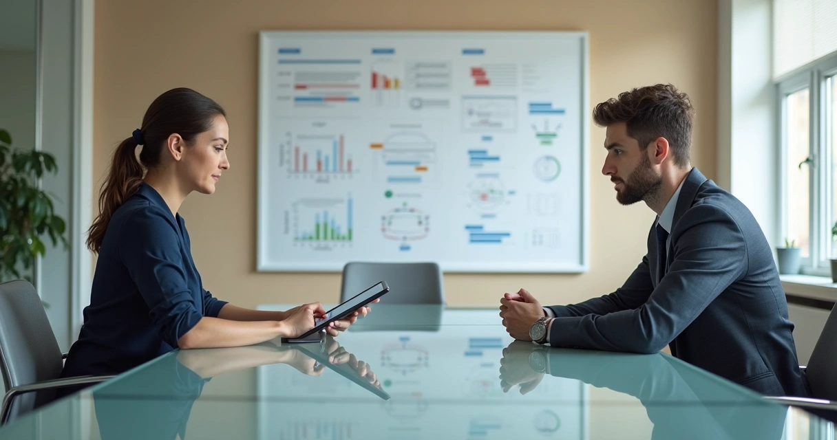 Líder em sala estruturada dando feedback a colaborador 